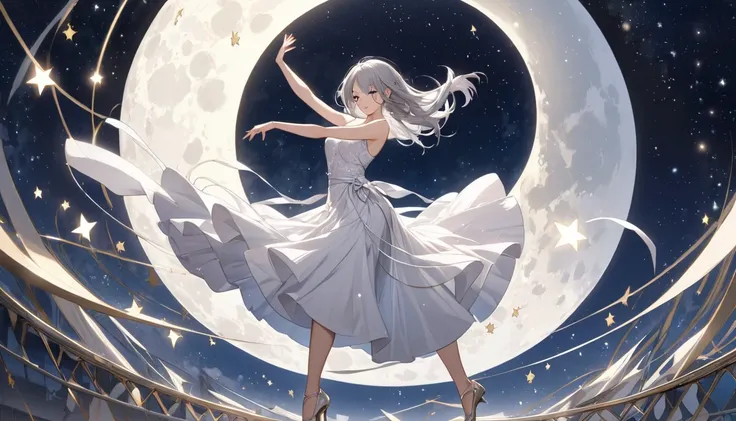  top quality ,Woman dancing,1 person,Gray Hair,moon, starry sky 