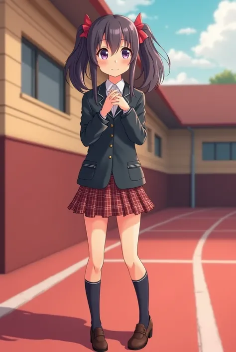  High School Girl Standing in a Red-Dyed Schoolyard and Smiling 　A blazer and a plaid miniskirt 　 A Japanese girl with twin tails smiling gently with her fingers crossed on her chest　 Please draw a 3D animation with this image 