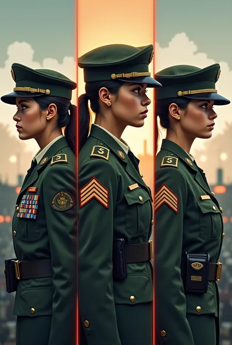 Show me three stages of a girl in the military service that are in the same photo and the uniforms are American