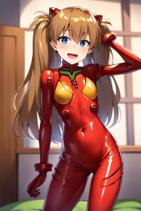 (( top quality )), ((masterpiece)), (be familiar with),  perfect face, indoor, bedroom,  is watching viewers,
One woman,  Soryu Asuka Langley,
 open mouth,  ecstatic expression beside the piano, blush, smile,
 small tits,  flat chested, Young girl, Lori,  ...