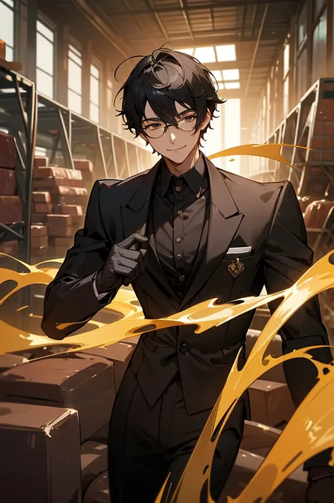 A man, with oily hair, gold-wire glasses, black suit, smiling, short black hair, in a huge warehouse, piled with meat, highly real, UHD, chiaroscuro, super detailed