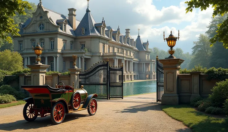 Color photo of a racing stable an aristocratic equestrian estate in Europe,in the 19th century in the foreground featuring a grand entrance with stone pillars and a blacksmith iron gate and a car from around 1880,  in the style of steampunk and art nouveau...