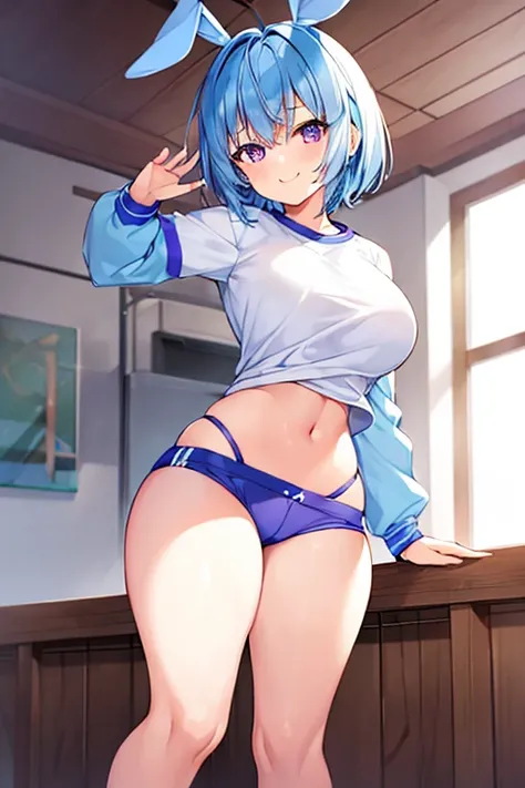 1girl, blue hair, light blue hair, very short hair, purple eyes, large breasts, thick thighs, ((petite)), fang, smile, gym uniform, blue shorts, short pants, shirt, white shirt, light smile, rabbit ears, animal ear fluff, hourglass figure,