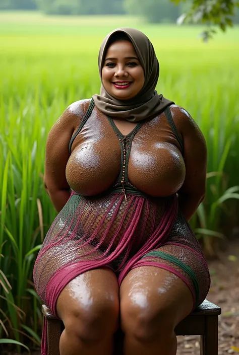 Satu badan kotor lumpur selut, Chubby, Tetek besar melayut, (Shiny Breasts:3.24), Skinny hijab skinny hijab skinny hijab skinny hijab, (photorealistic:1.6) Indonesian hijab skinny dry aunty wear bra and (mini tiny tights Hotpants),  Green background rice p...