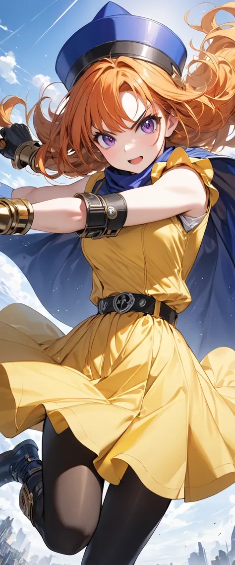  1 girl, Alone, DQ4-Arena、 long hair、Purple eyes、 orange hair、 Sleeveless、 black pantyhose with claws、 yellow dress、 yellow skirt 、belt、Cape、 curly hair 、 gloves、(((Iron Claw )))、Iron claw、claw cuff 、 dynamic pose、attack pose 、Mid-chest、 blue headwear 、 bo...