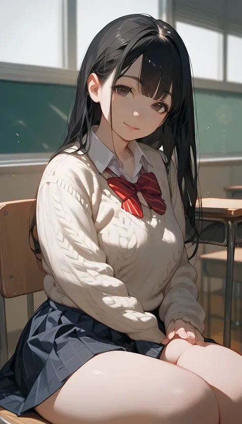 ((Score_9,Score_8_up,Score_7_up)),(((source_anime))), (((anime))), 1 anime girl, white skin, high school student, sexy body, plump, black hair, (high quality face), (high quality eyes), school uniform, skirt, simple sweater, sexy smile, highest quality, de...