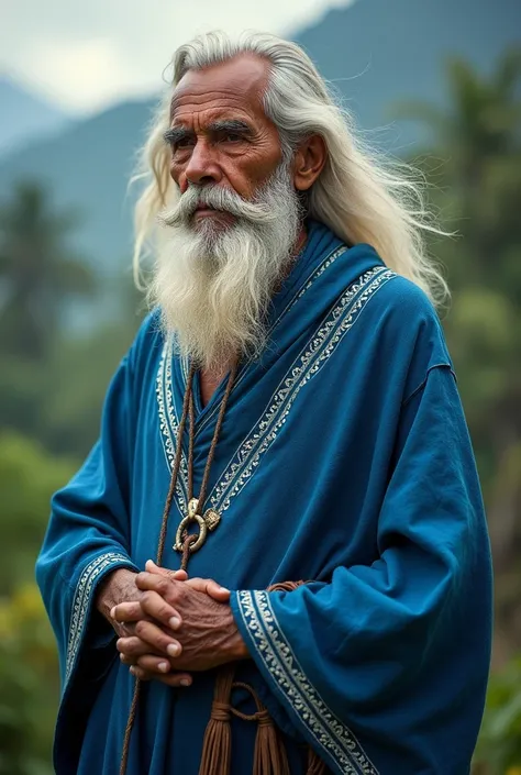 indigenous south american wise elderly man with white hair wearing a beautifully designed blue robe 