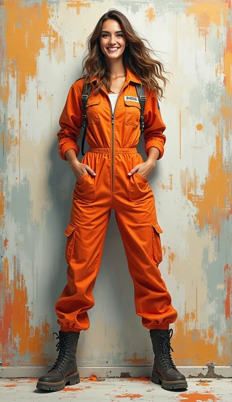 digital painting of Priscilla Ricart smiling, dressed as airplane pilot in jumpsuit, messy paint texture on canvas,