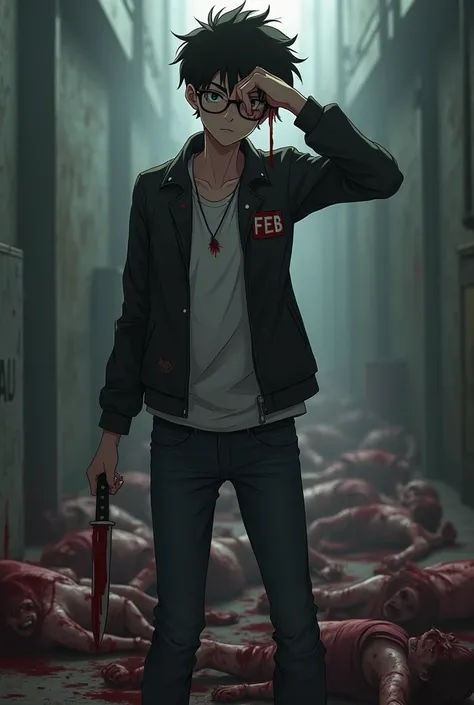 Esrilo anime.
 A skinny nerdy killer wearing glasses  ,   the face of a psychopath with his hand on his forehead and the knife upwards a knife dripping blood on his hand,   zombie bodies on the floor setting of the end of the world . Has the FEB tag on his...