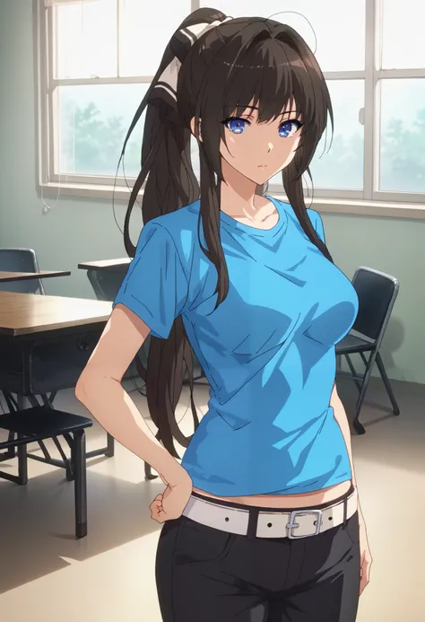 score_9, score_8_up, score_7_up, source_anime, uncensored, 

1girl, solo, standing, classroom, looking at viewer

,nicole, long hair, blue eyes, black hair, ponytail, medium breasts, curvy
shirt, short sleeves, belt, pants, black pants, blue shirt, t-shirt