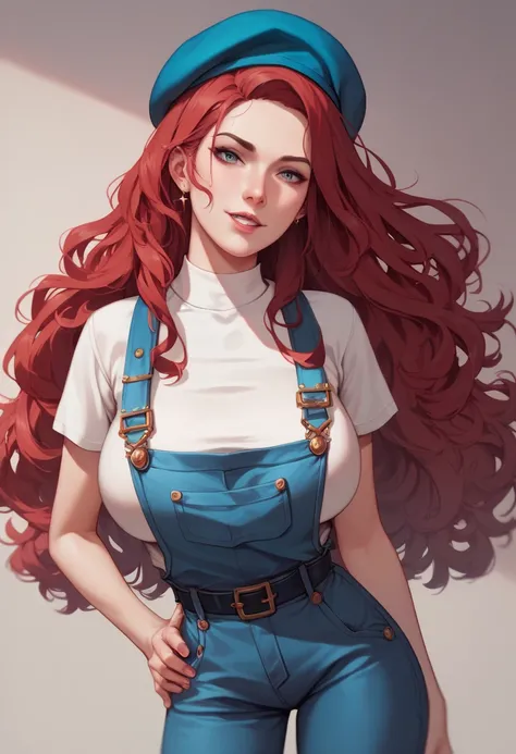 White-skinned Trans Girl ,  long long wavy deep red hair, ojos azules, slim,  big breasts, cintura slim,  wearing a short sleeve white shirt , Blue overalls,  hip belt ,  wearing an artists beret  