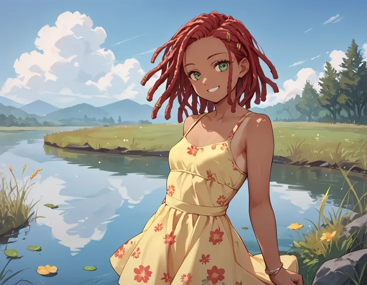 score_9_up, score_8_up, score_7_up, 1girl, solo, source_anime BREAK 

(Red hair), dreadlocks, tanned skin, green eyes BREAK 

Floral print sundress, yellow sundress, small breasts BREAK 

Smile, standing, outdoors, grass, lake, blue sky , 