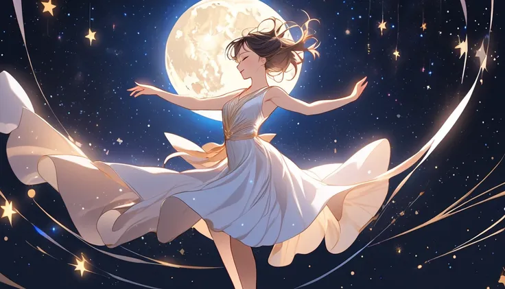  top quality ,Woman dancing graceful dance,1 person,cute, dress,moon, starry sky 