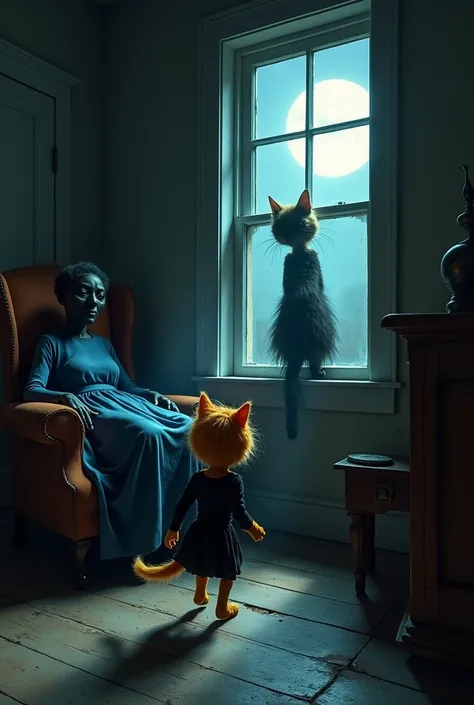 The scene depicts Lisa, a tiny, human-like orange kitten with frail limbs, dressed in black, torn, and tattered clothes. She is tiptoeing quietly through a dimly lit, worn-down room, trying to avoid waking Miss Claw, a tall, imposing black woman in a blue ...