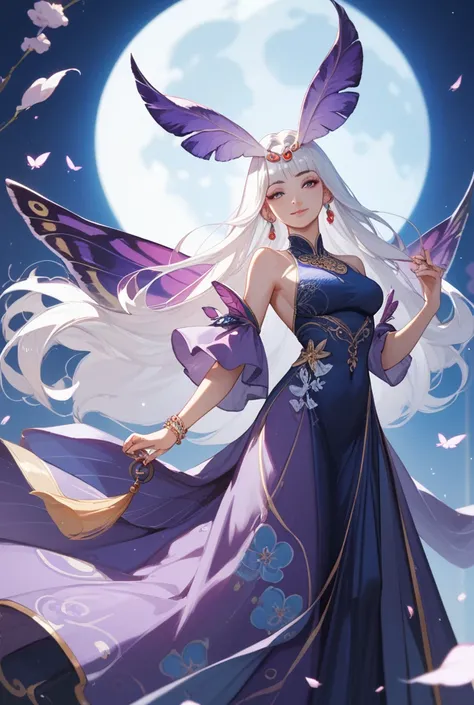 Chinese purple moth woman with long white hair , high neckline dress, long dress , moon goddess