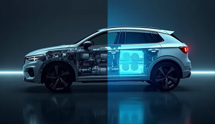 Show a split-screen visual: on one side, a compact petrol engine with clean labeling ‘1.0-liter Engine,’ and on the other side, an electric car battery labeled ‘EV Variant’ with glowing battery cells. Include modern, clean aesthetics to emphasize technolog...