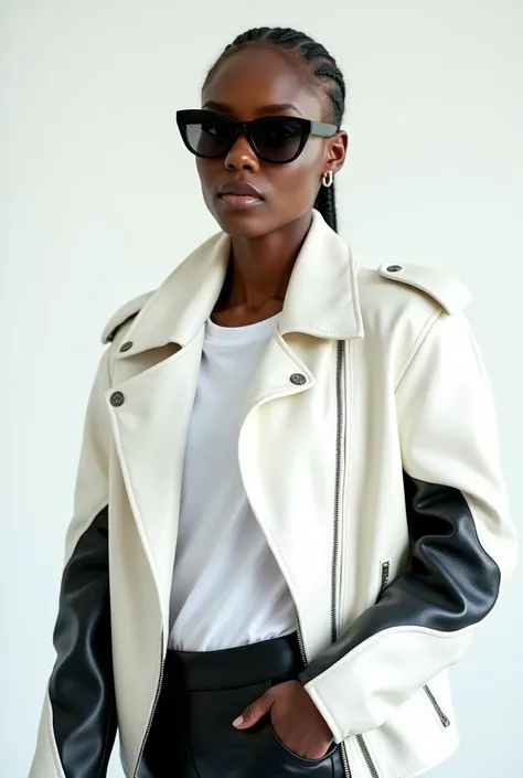 Beautiful african woman in the white leather jacket with black leather sleeves and black dark glasses and white t shirt in the white screen