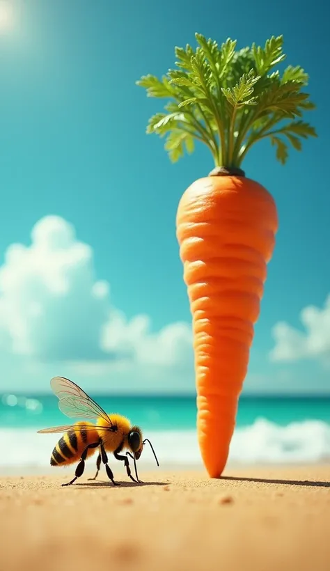 A cinematic scene on a bright, sunny beach where a vibrant bee and an unusually large carrot stand facing each other. The bee hovers just above the golden sand, its delicate, translucent wings catching the sunlight and reflecting tiny rainbows. Its fuzzy b...