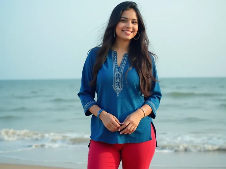 Big boobs , wearing tights leggings, curvy thick Indian young beautiful 18years Indian teen, slim body, nice curves, cotton fabric Indian blue kurti, indian kurti, cotton tight red leggings, outdoor,  COOL WEATHER, standing near beach, seaside, photorealis...