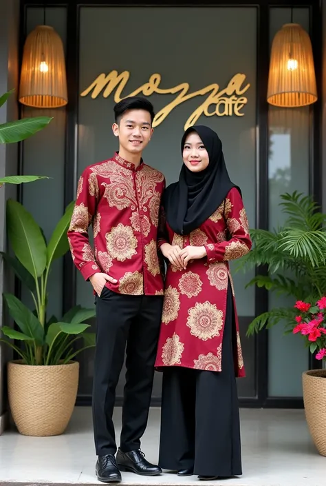 This photo shows a young (man and woman) wearing matching batik outfits with a (red maroon) base color and (gold floral) patterns. The man is wearing a long-sleeved batik shirt paired with (black trousers) and (black shoes). The woman is wearing a long (ba...