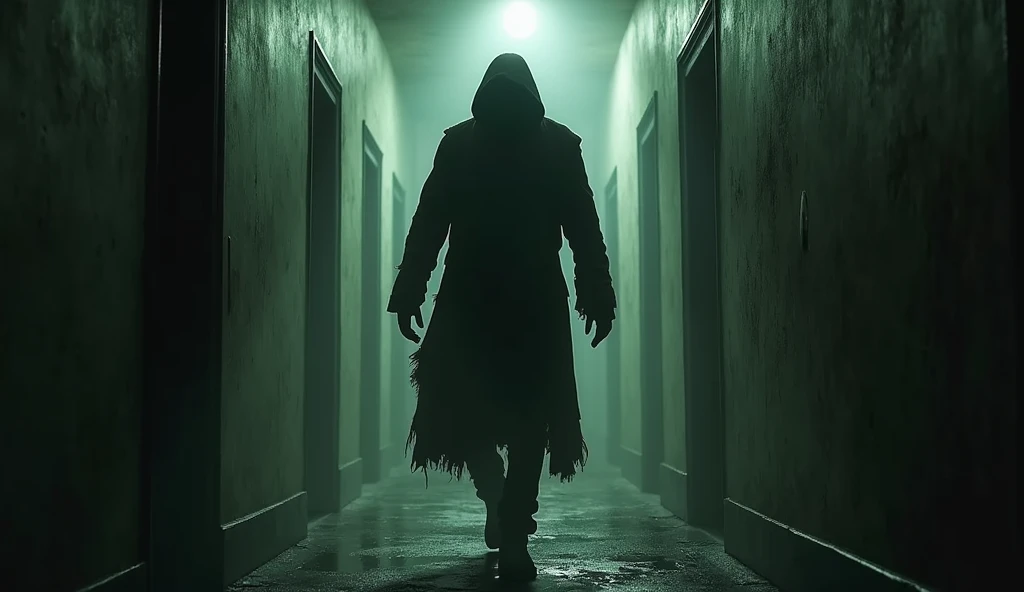 A tall figure in a stained coat moved slowly down the hallway.