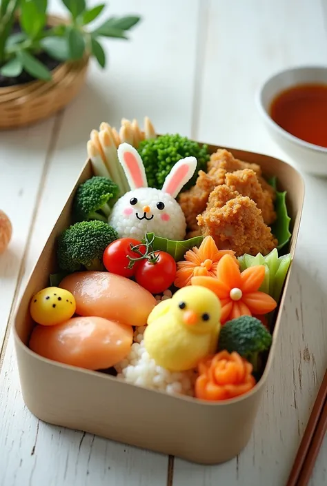 A professionally photographed bento box arranged on a white wood table, decorated with cute patterns like bunny-shaped rice balls, chick-shaped tamago (Japanese omelette), and small vegetables cut into flower and star shapes. The bento includes vibrant foo...