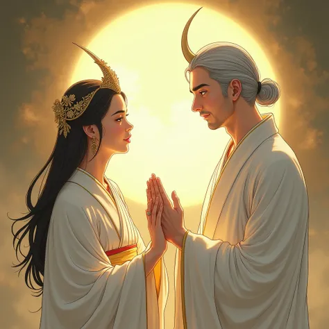 Japanese God ( The figure of a man wearing a white kimono with gray hair )  I reach out to the Japanese woman with a gesture of peace  ( The image of a female god on earth , I was injured).  his golden light blends softly with her silver glow,  creating a ...