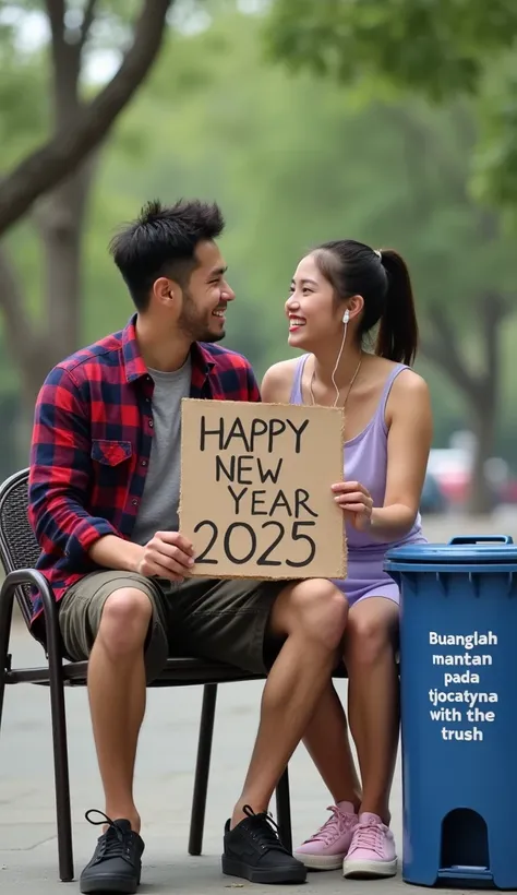 1 Thai man looking to camera,  wearing a red and blue checkered flannel shirt, dark brown cargo shorts, black Vans shoes, showing and holding brown cardboard with the words "HAPPY NEY YEAR 2025", sitting on a chair in the city park, next to the man sitting...