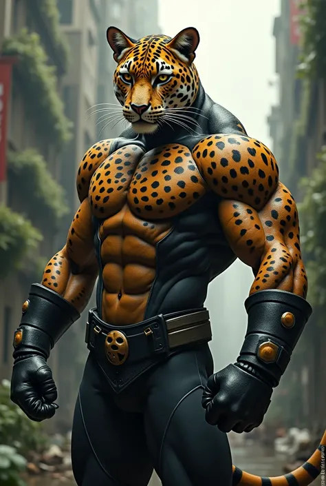 A muscular super jaguar with gloves 
