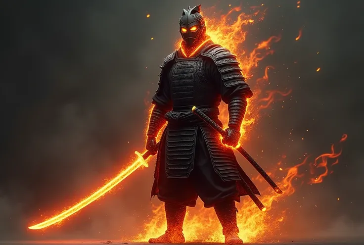 Image Prompt: Create a powerful image of a samurai, standing tall in a battle-ready pose. The samurai should have traditional attire made of black carbon fiber, with his eyes and mouth ablaze with flames. His armor beneath should glow with fire, and his ka...