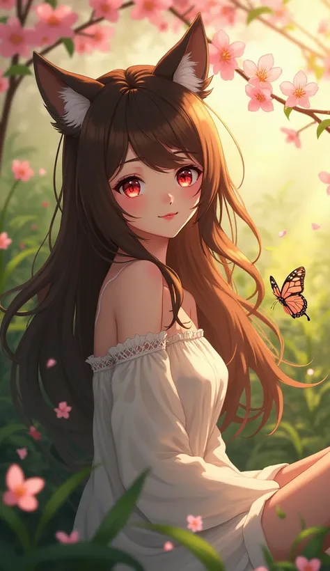 masterpiece, top quality ,  1 girl, Alone, smile, smile, cherry blossoms, Specks of sunlight,  butterfly , Grass animal ears, wolf ear, long hair, Tail, wolf Tail,  red eyes, Wolf Girl,Brown Hair,,  