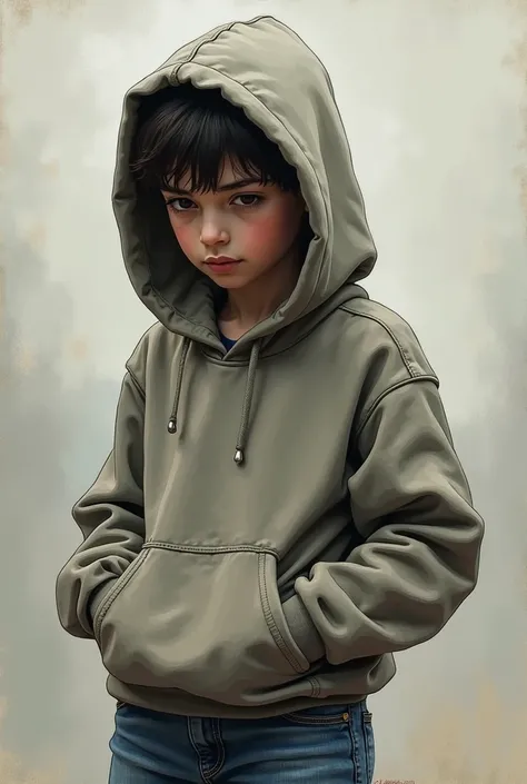 An artist sketch painting of a sad boy wearing a hoodie and jeans 