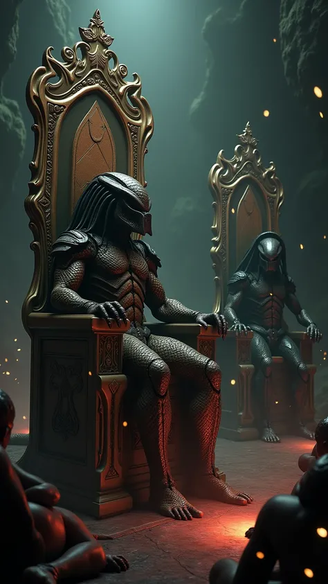 The Predator and the Alien are seated on a pair of thrones as they watch their minions torture humans and dominate the world