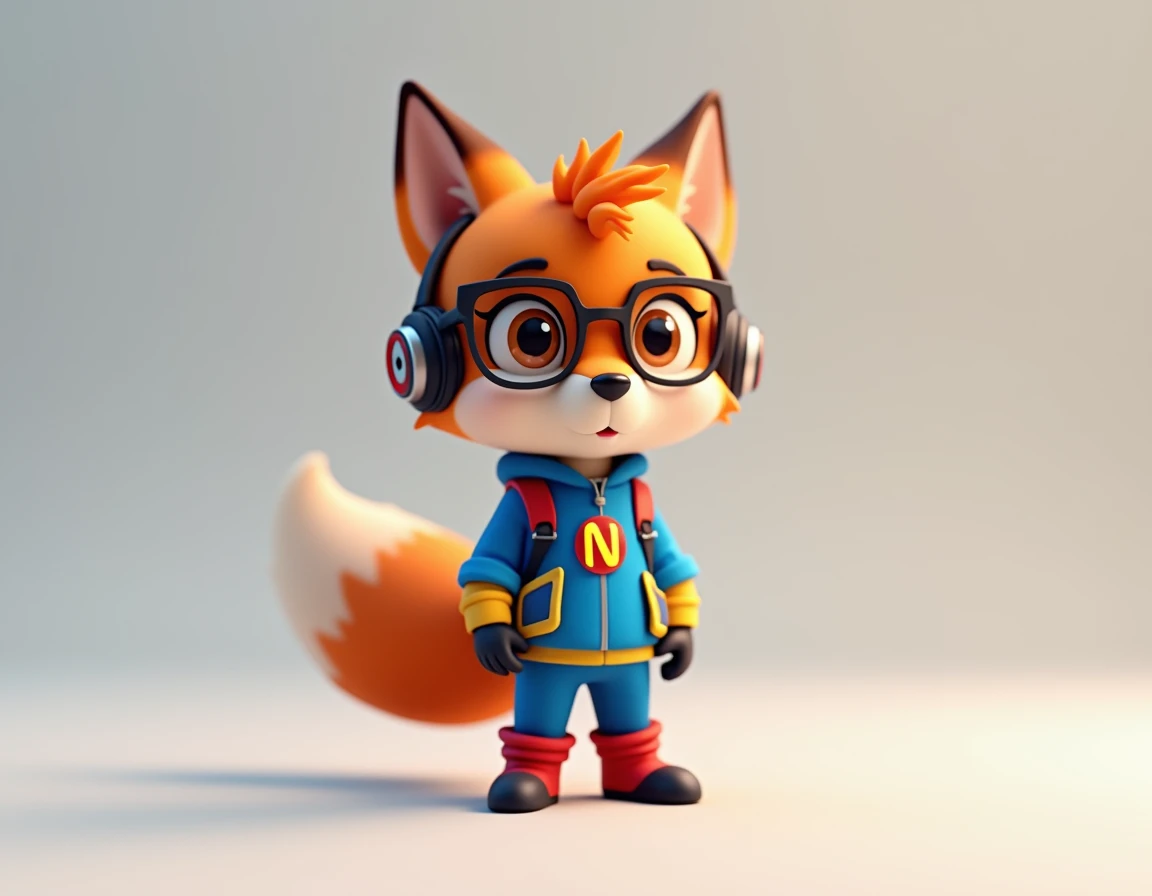 Make an animated little fox , that is standing,  logo on her chest that wears blue clothing ,  Yellow and red ,  and wear an N ,  in addition to having headphones and smart glasses 