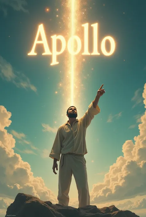 A  pointing his finger at upward position, where a text Apollo appeared at pointed position