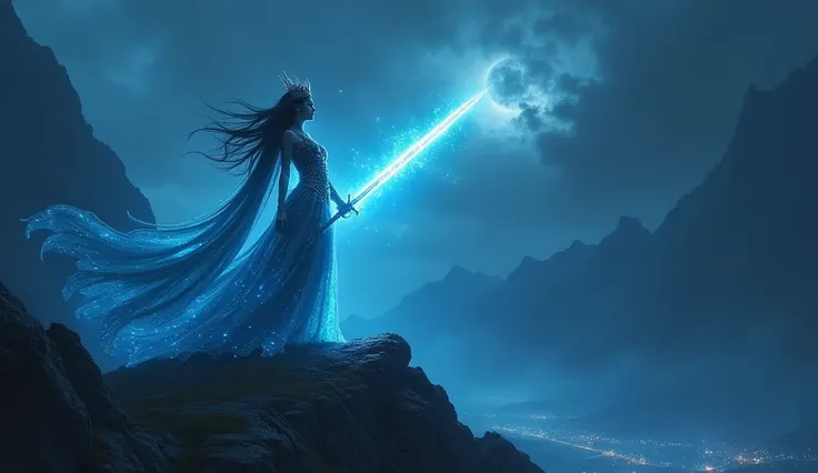 The beautifull big breast Warrior Queen, now bathed in an ethereal glow, stands atop a mountain overlooking a dark valley. She raises her sword of pure light, which slices through the inky sky, scattering the darkness. Her army, glowing with neon blue rune...