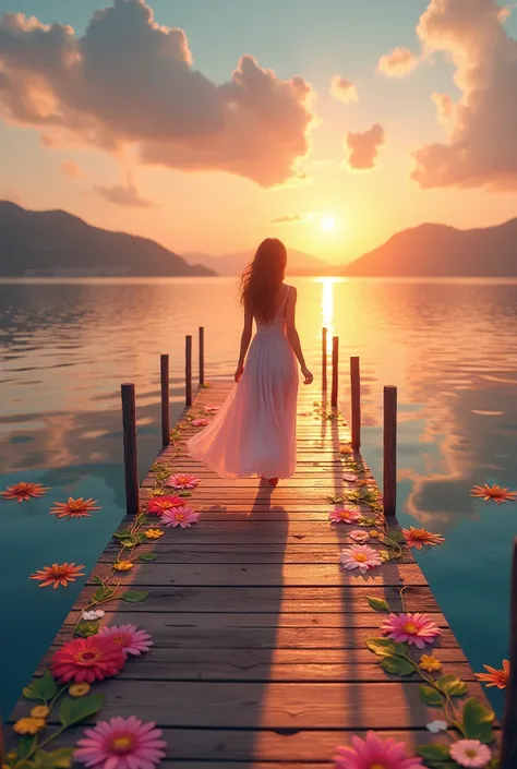 A captivating image of a woman gracefully walking on a wooden pier adorned with vibrant floral patterns. Her flowing dress perfectly complements the scene, as it gently sweeps the ground, creating a sense of movement and grace. The pier extends into a sere...