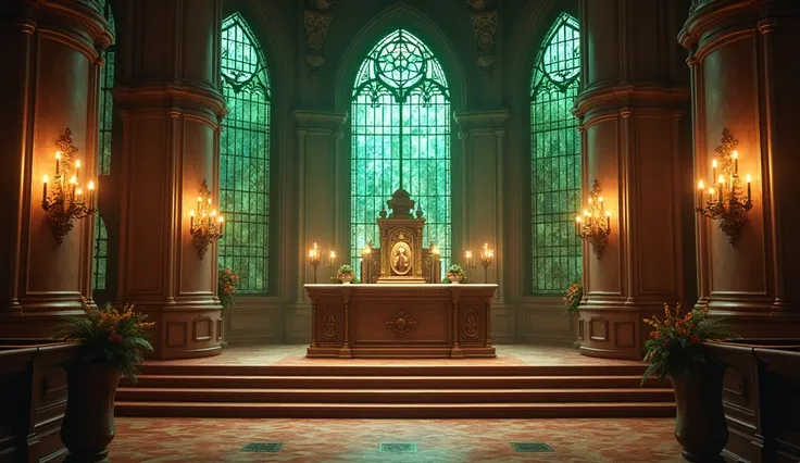  image of a church altar .  on the walls I need wood textures, stained glass in the background , in the green color,  and with many lights scattered 