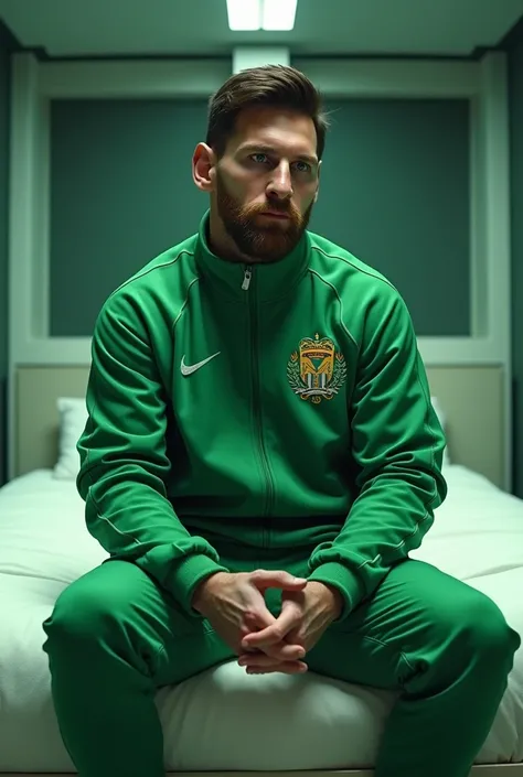  Lionel Messi dressed in the green squid game jacket, sitting on one of the squid game beds 