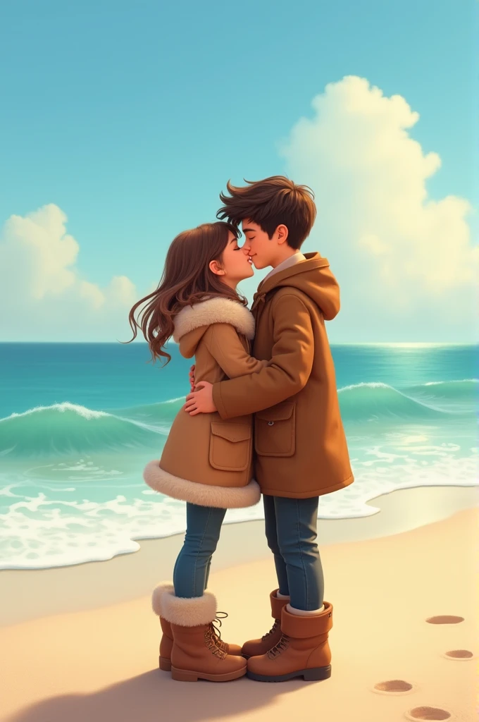 A young boy with his girlfriend on a beach they wear pant coat and doing kiss both of watch clear colors scheme pixar