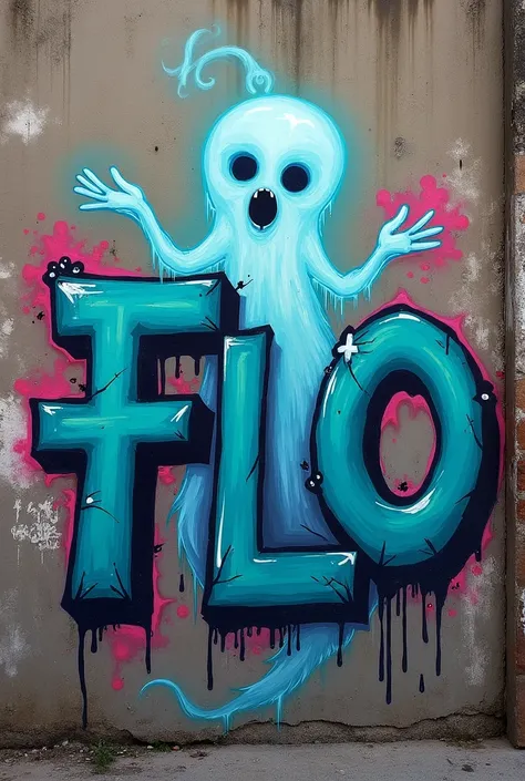 Create a graffiti with the name Flo with O and a ghost 