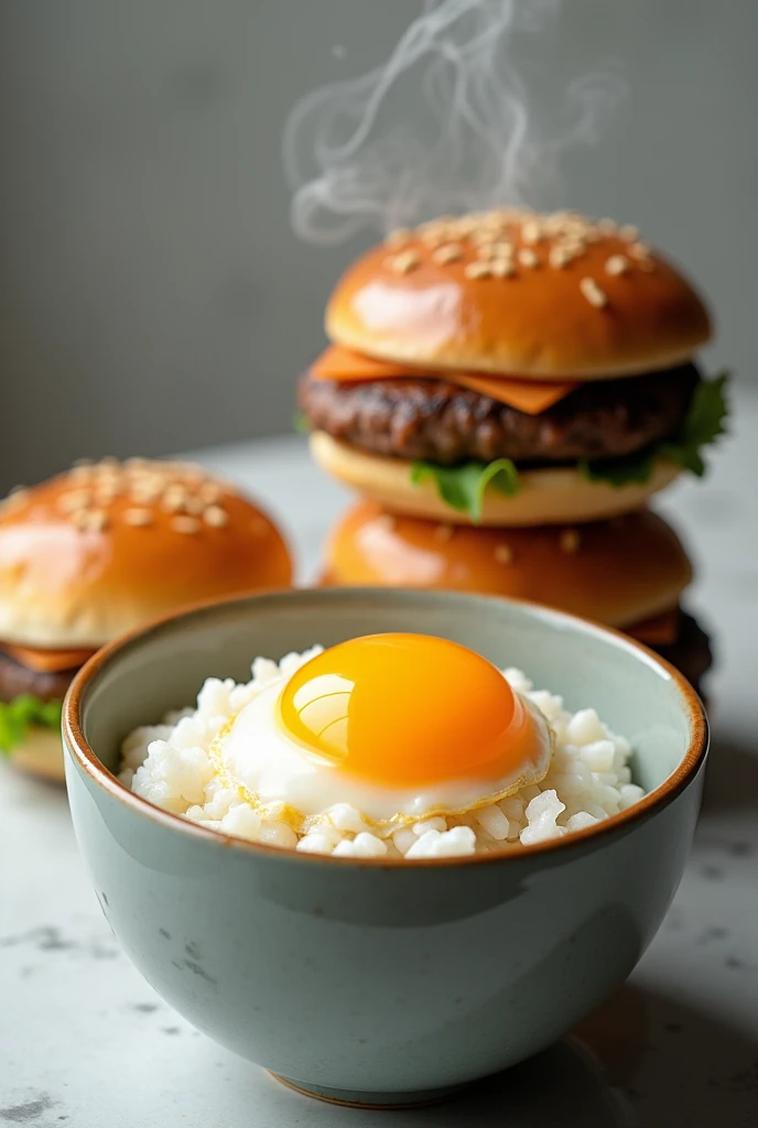  rice topped with raw egg yolk、2 hamburgers are piled on top of 。