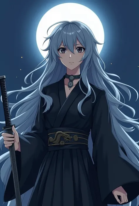  Give me an image of an anime character with those characteristics. Hidden by moonlight like those famous images of the characters : Tanjiro Kamado, Inosuke Hashibira e Zenitsu Agatsuma. 
physicist
1 . Hair:  Long Gray ,  silky and wavy , falling to the wa...