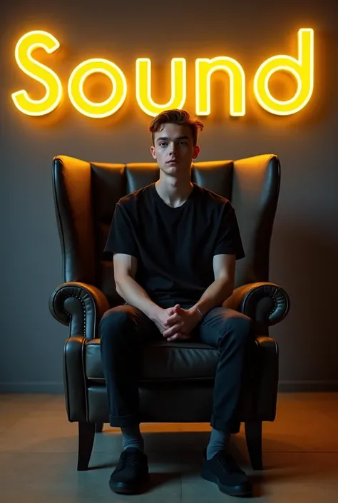 Create 30 illusion for a profile picture where a 27 Year old cute Boy in a black shirt Sitting casually on Wingback chair. Wearing black sneakers, he looks ahead. The background features " Sound XR Shanto" in big and capital Yellow neon light fonts on the ...