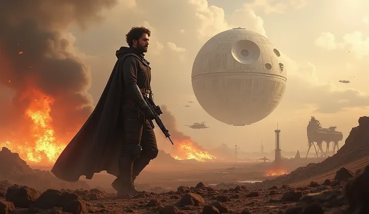 Star wars Cassian andor ready for war in battle field, fire and ash everywhere, multiple spaceship crashing background.  Death star in background. 