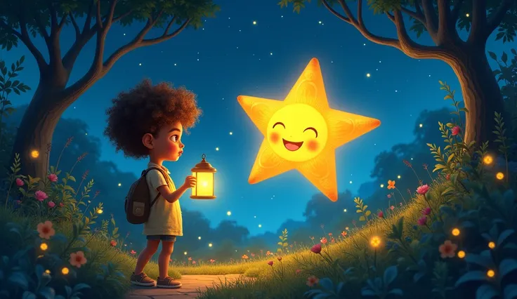 A  with curly hair, carrying a lamp, discovers a bright and smiling star in a night garden. Keeping a coherence in the image with the characters of the previous images