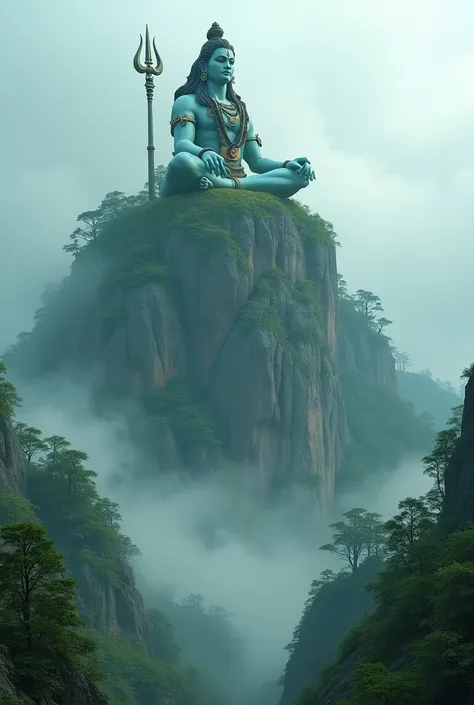 8K Ultra HDR, hill rock large landscape A majestic peak  colour full shrouded in mist.  A colossal Lord Shiva large statue, his form adorned with emerald moss, sits serenely atop the peak.  His mighty Trishul rests beside him.   its powerful flow dwarfing ...