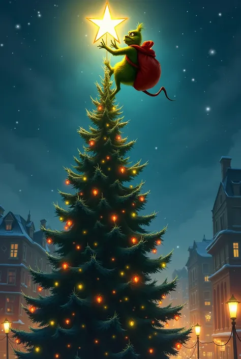 Make it where the Grinch climbed to the very top of the citys main Christmas tree on the main square and steals the main star takes her off the tree and must have a bag of stolen gifts on his back 