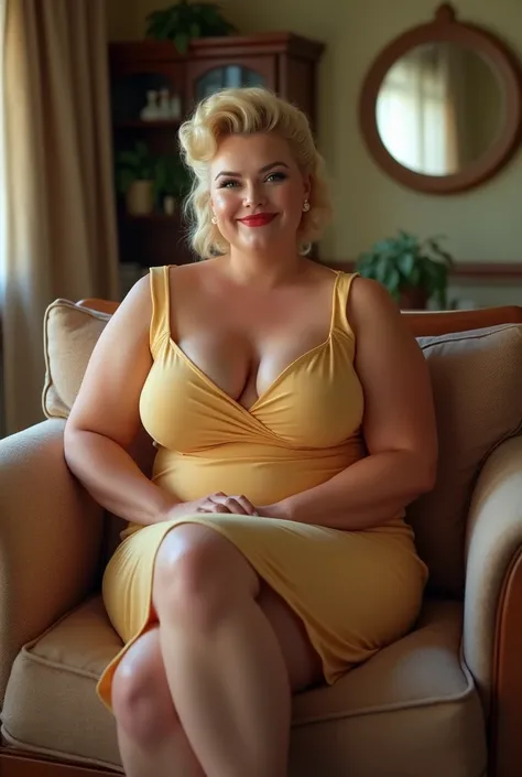 fat blonde housewife, chubby, sexy, on the sofa