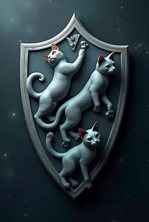 Make me a Harry Potter style family shield with the main colors galaxy and gray and that has cats but that are inside the shield it is shaped like sculptures and that says Endercats